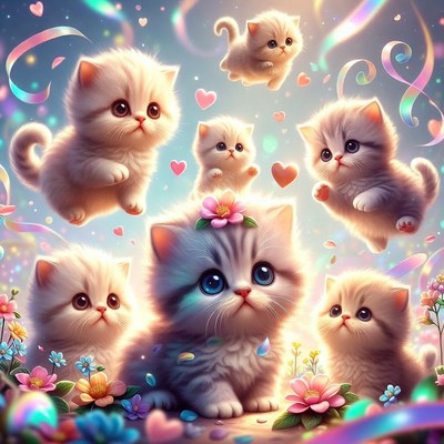 Cute Kittens Floating with Hearts