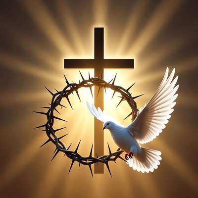Dove Flying Over Cross and Crown of Thorns