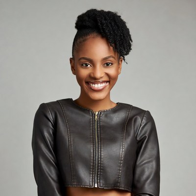 Smiling African-American woman in leather jacket