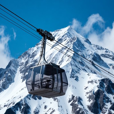 Cable car over snowy mountains