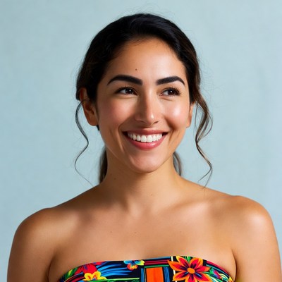 Smiling Latina woman in colorful tube top