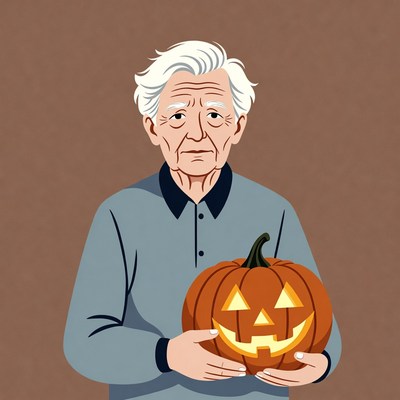 Elderly man holding jack-o-lantern pumpkin