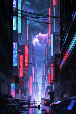 Neon Cyberpunk City Rainy Night