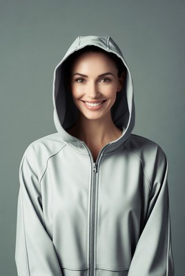 Smiling woman in gray hoodie