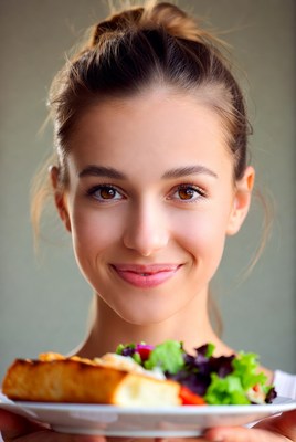 Smiling woman holding salad plate
