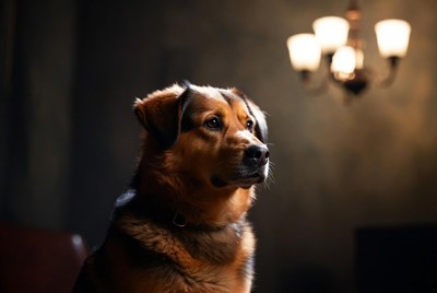 German Shepherd Dog by Chandelier