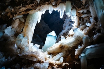 Glowing gypsum crystals in cave