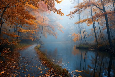 Autumn Forest Path by Misty Lake