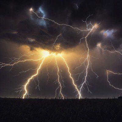 Lightning Storm Over Grass Field
