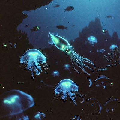 Glowing Squid and Jellyfish Underwater