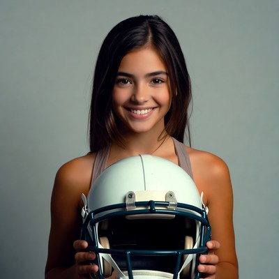 Smiling woman holding football helmet