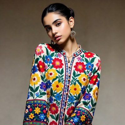 Woman in colorful floral embroidered jacket