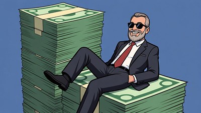Cartoon businessman lounging on money stacks