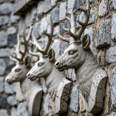 Three Stone Deer Heads on Wall