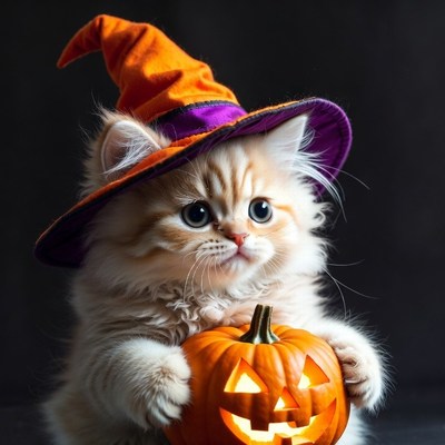 Kitten in Witch Hat Holding Jack-o-Lantern