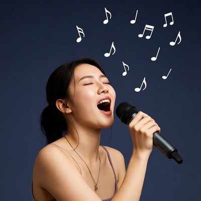 Asian woman singing into microphone