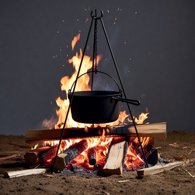Campfire with black pot suspended