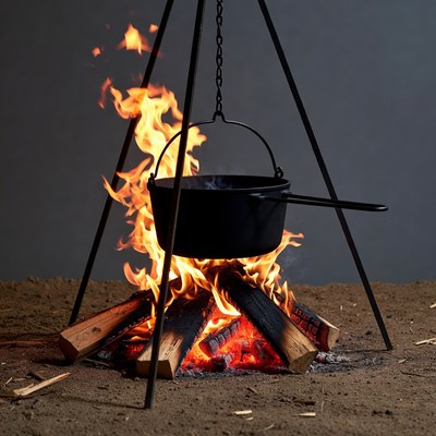Campfire with black pot on tripod