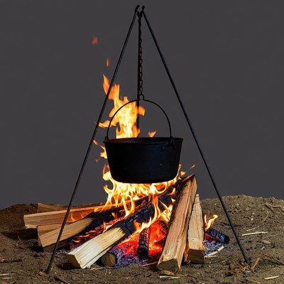 Campfire with black pot suspended