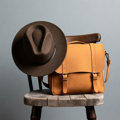 Brown Fedora Hat on Tan Leather Satchel