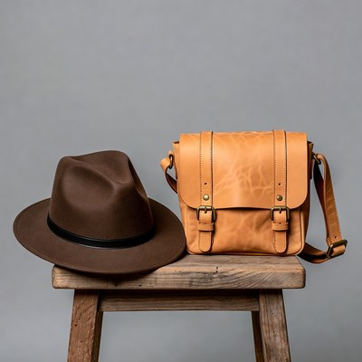 Brown Fedora Hat and Leather Messenger Bag
