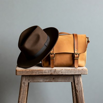 Brown Fedora Hat and Leather Satchel