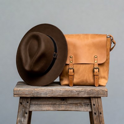 Brown Fedora Hat and Leather Messenger Bag