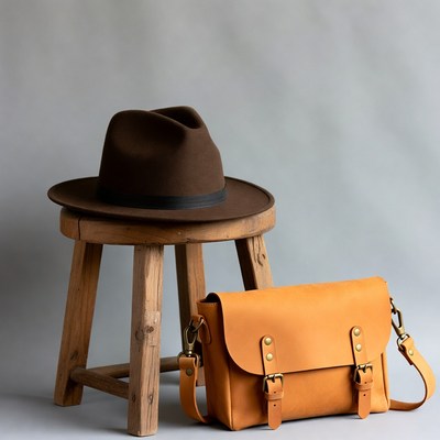Brown Fedora Hat and Leather Messenger Bag