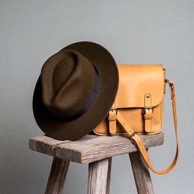 Brown Fedora Hat and Tan Leather Satchel