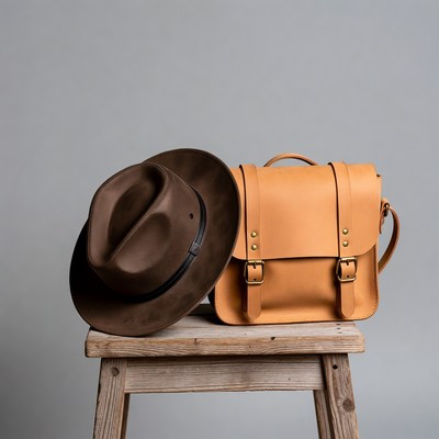 Brown Fedora Hat and Tan Satchel Bag