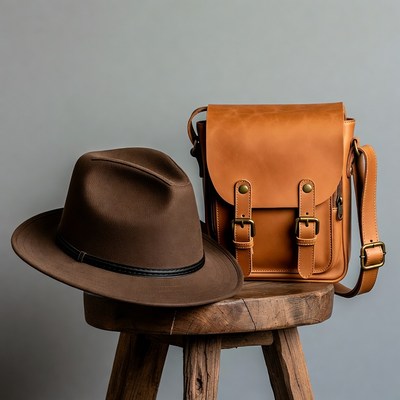 Brown Fedora Hat and Leather Messenger Bag