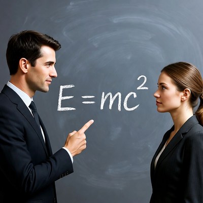 Man and woman viewing E=mcÂ² on blackboard