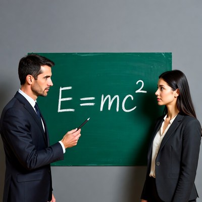 Man teaching E=mcÂ² to woman