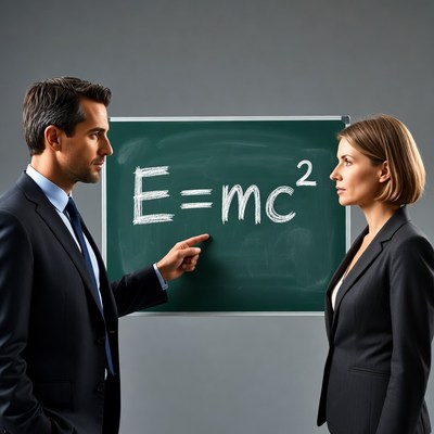 Man explaining E=mcÂ² to woman