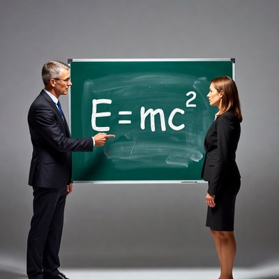 Teacher pointing at E=mcÂ² formula