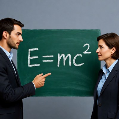 Man and woman discussing E=mcÂ² on blackboard