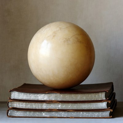 Beige Sphere on Stacked Leather Books