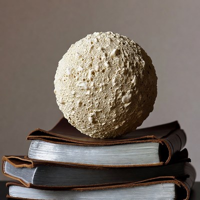 Porous white sphere on stacked books