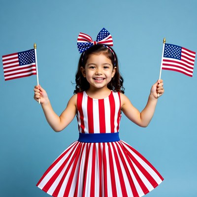 Girl holding American flags in patriotic dress
