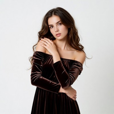 Woman in maroon velvet off-shoulder dress