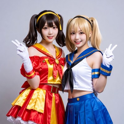 Two girls in red and blue cosplay outfits
