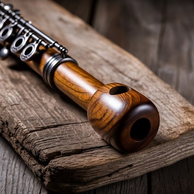 Wooden Flute on Rustic Wood