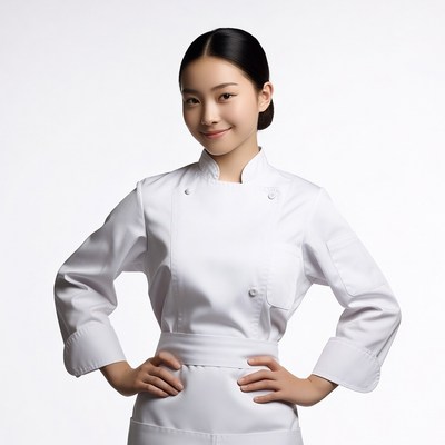 Asian woman in white chef uniform