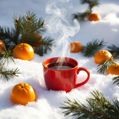 Hot Tea Cup in Snow with Oranges