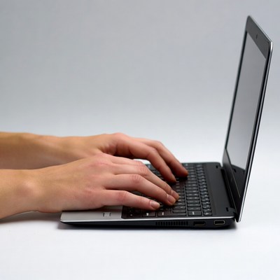 Hands typing on laptop keyboard