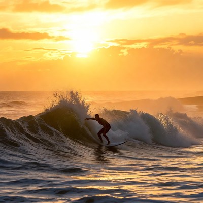 Surfer riding wave at sunset
