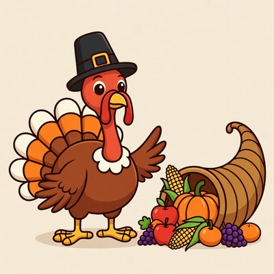 Cartoon Thanksgiving Turkey with Cornucopia