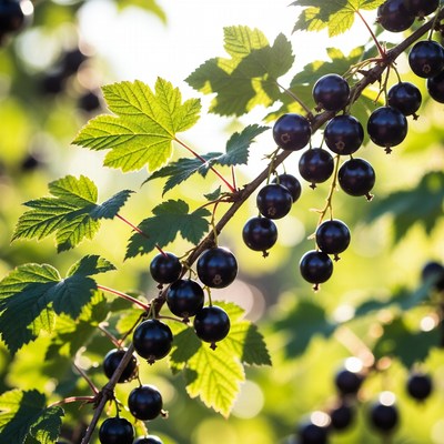 Ripe Black Currants on Branch