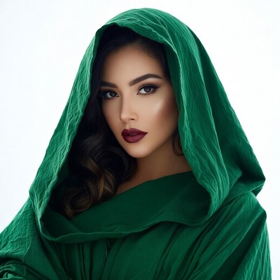 Woman in green hooded robe