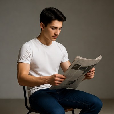 Young man reading newspaper